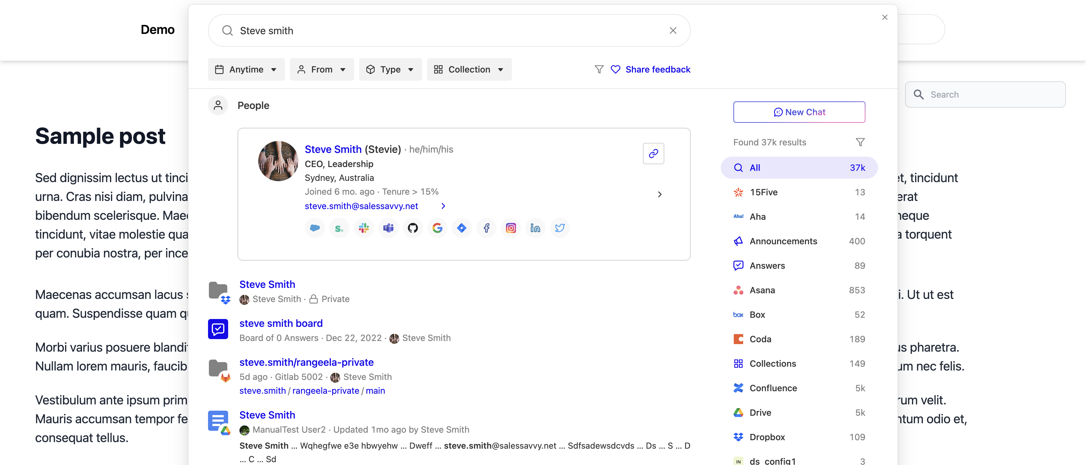 Modal Search Results View