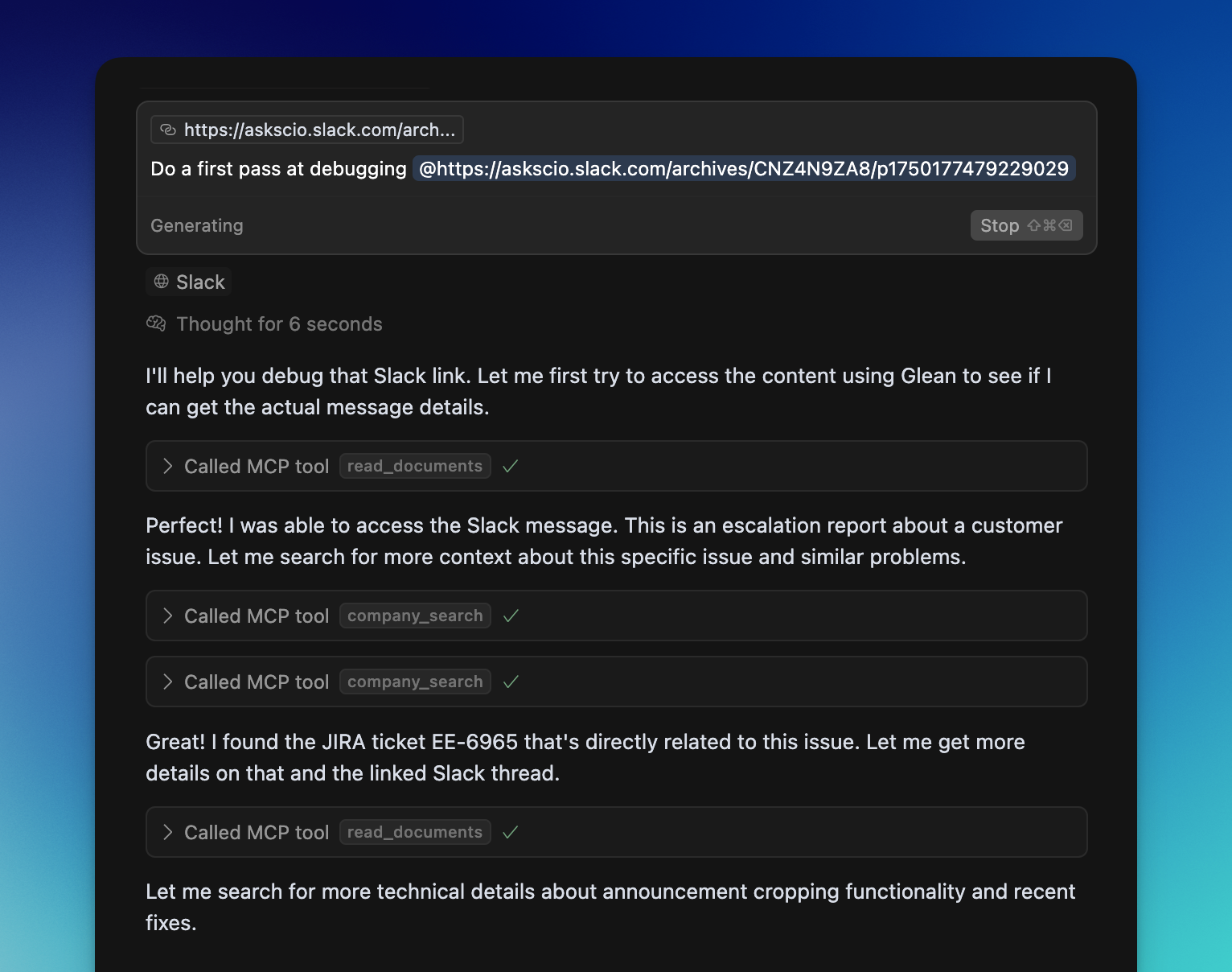 Chat window showing Glean MCP tool calls with enterprise results